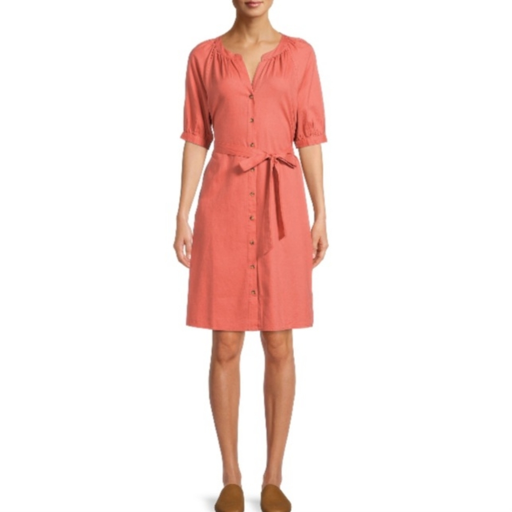 NWT Pink Button Down Belted Dress Large With Pockets
